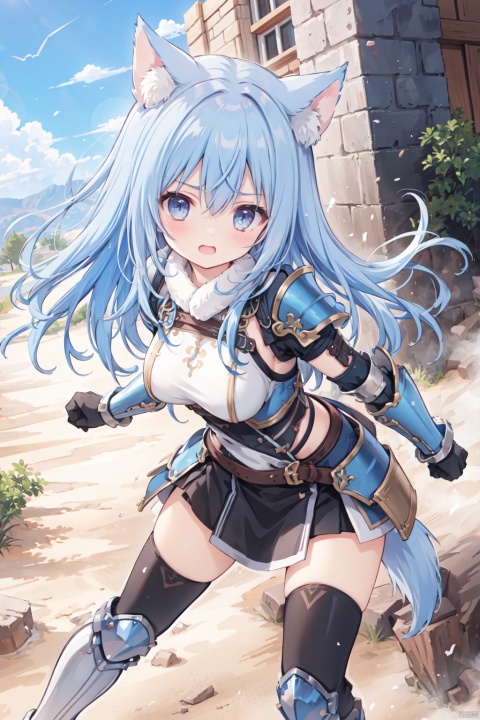  1girl,solo,blue hair,cute,grey eyes,sandstorm,(armor:1.3),big breasts,thigh,desert,animal_ears,The cracked earth,Escarpment,stone,village,action,fighting stance,aggressiveness,scowl,leaning forward,attack,armor,punch,