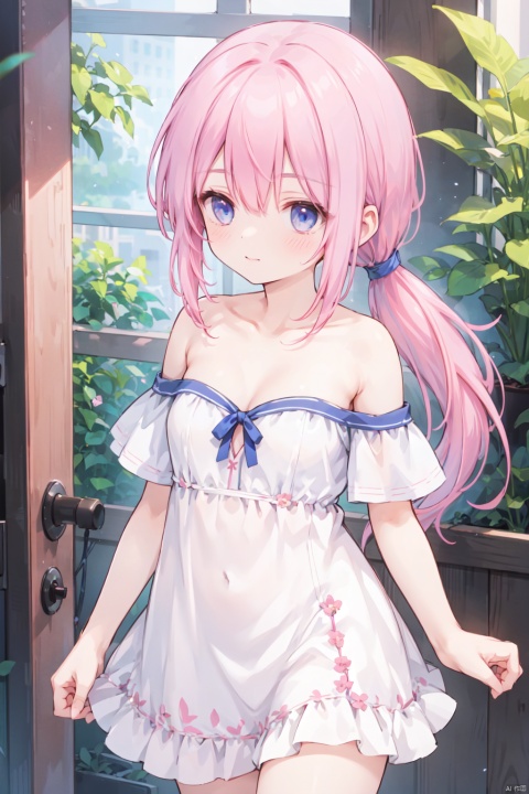  1girl,(pink_hair),crossed bangs,(low ponytail),blue eyes,collarbone,off-shoulder,bare shoulders,(strapless:1.1),short sleeves,cleavage,Hair tip,short white dress,cowboy_shot,thigh,flower,short ponytail