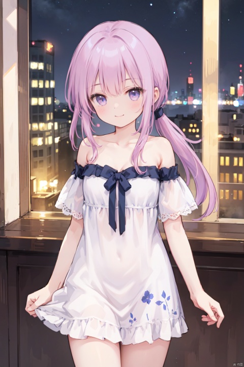  1girl,(pink_hair),crossed bangs,(low ponytail),blue eyes,collarbone,off-shoulder,bare shoulders,(strapless:1.1),short sleeves,cleavage,Hair tip,short white dress,cowboy_shot,thigh,flower,short ponytail,smile,(masterpiece, extremely detailed 8k wallpaper,best quality), (best illumination, best shadow, extremely delicate and beautiful), floating, finely detail, Depth of field (bloom), (shine), glinting stars,classic, (illustration), (sketch),(panorama),night,solo,outdoor, detailed eyes,perfect face