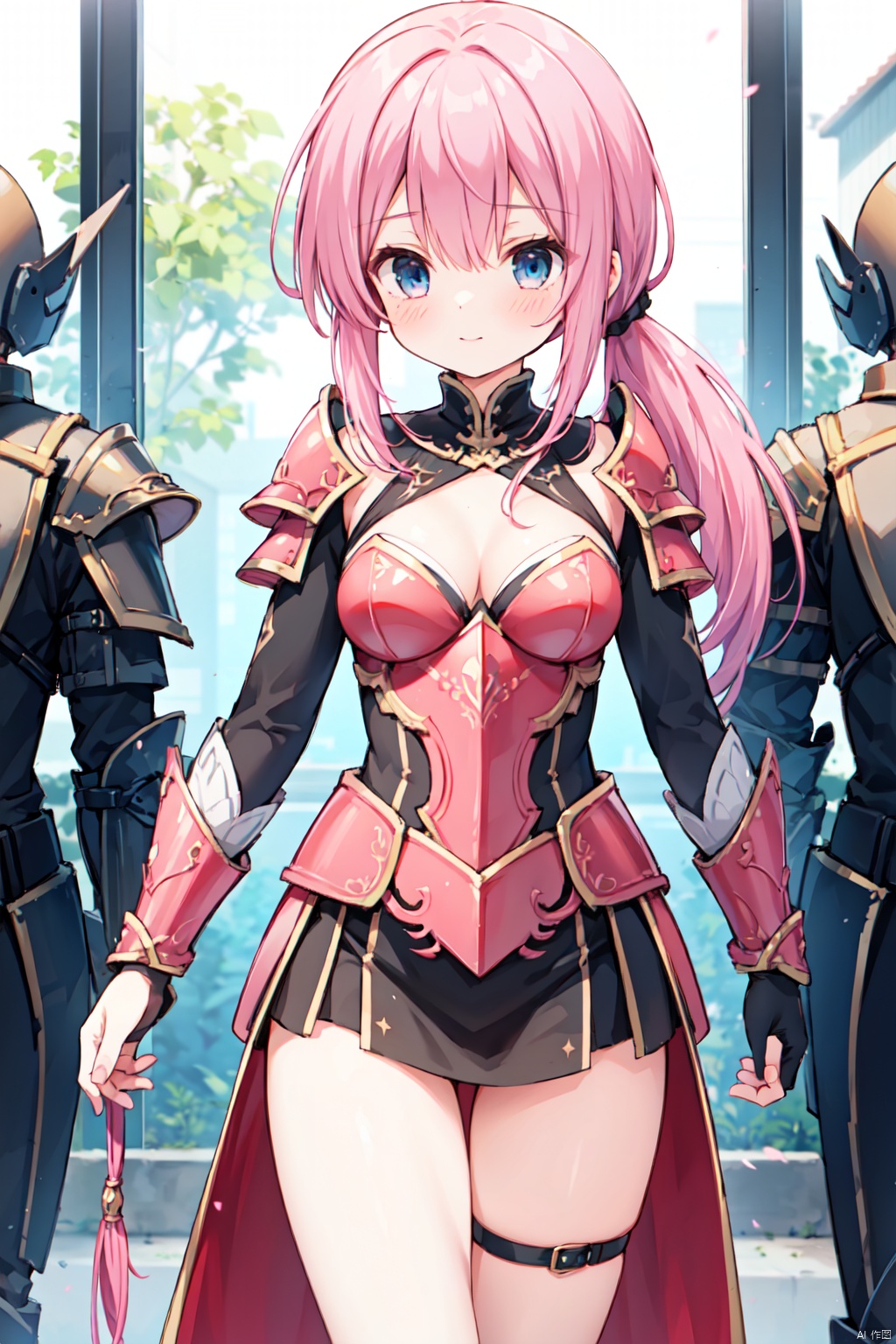 1girl,low ponytail,(pink_hair),crossed bangs,black armour,armour dress,looking down,medium breast,red armor,Cleavage,thigh,cowboy_shot,girl,blue eyes,shigetoakiho,