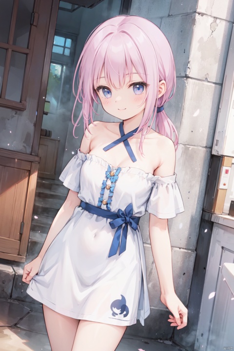  1girl,(pink_hair:1.1),crossed bangs,(low ponytail),blue eyes,collarbone,off-shoulder,bare shoulders,(strapless:1.1),short sleeves,cleavage,Hair tip,short white dress,cowboy_shot,thigh,short ponytail,smile,(masterpiece, extremely detailed 8k wallpaper,best quality), (best illumination, best shadow, extremely delicate and beautiful),(shine),glinting stars,classic, (illustration),outdoor, detailed eyes,perfect face