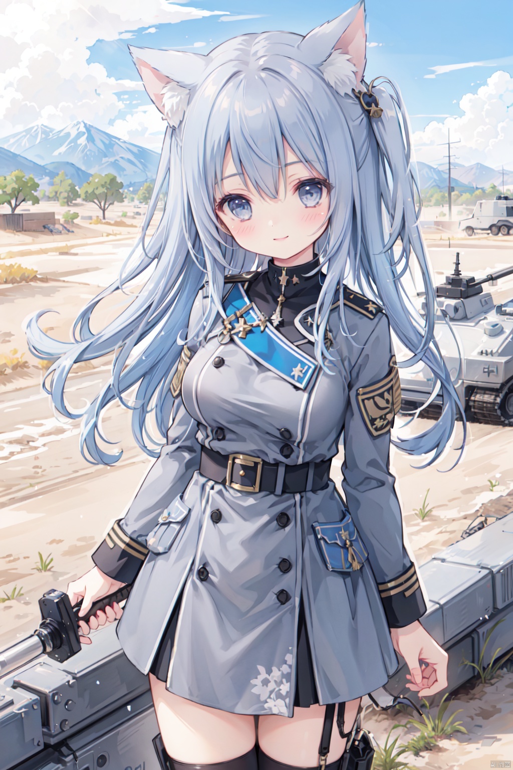 holding_katana,1girl, solo, smile,blue hair,cute,grey eyes,sandstorm,(Military uniform:1.5),big breasts,thigh,desert,animal_ears,The cracked earth,Escarpment,stone,village,