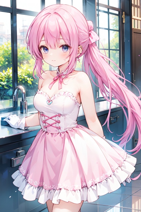 1girl,low ponytail,(pink_hair:1.2),crossed bangs, strapless dress, gloves, bare shoulders, closed mouth, white gloves, strapless, ear piercing, frills, white dress, pink dress, breasts, red ribbon, very long hair, earrings, white footwear, pink ribbon, piercing, frilled dress,
fantasy,medium breast,buster,cowboy_shot,blue eyes,shigetoakiho