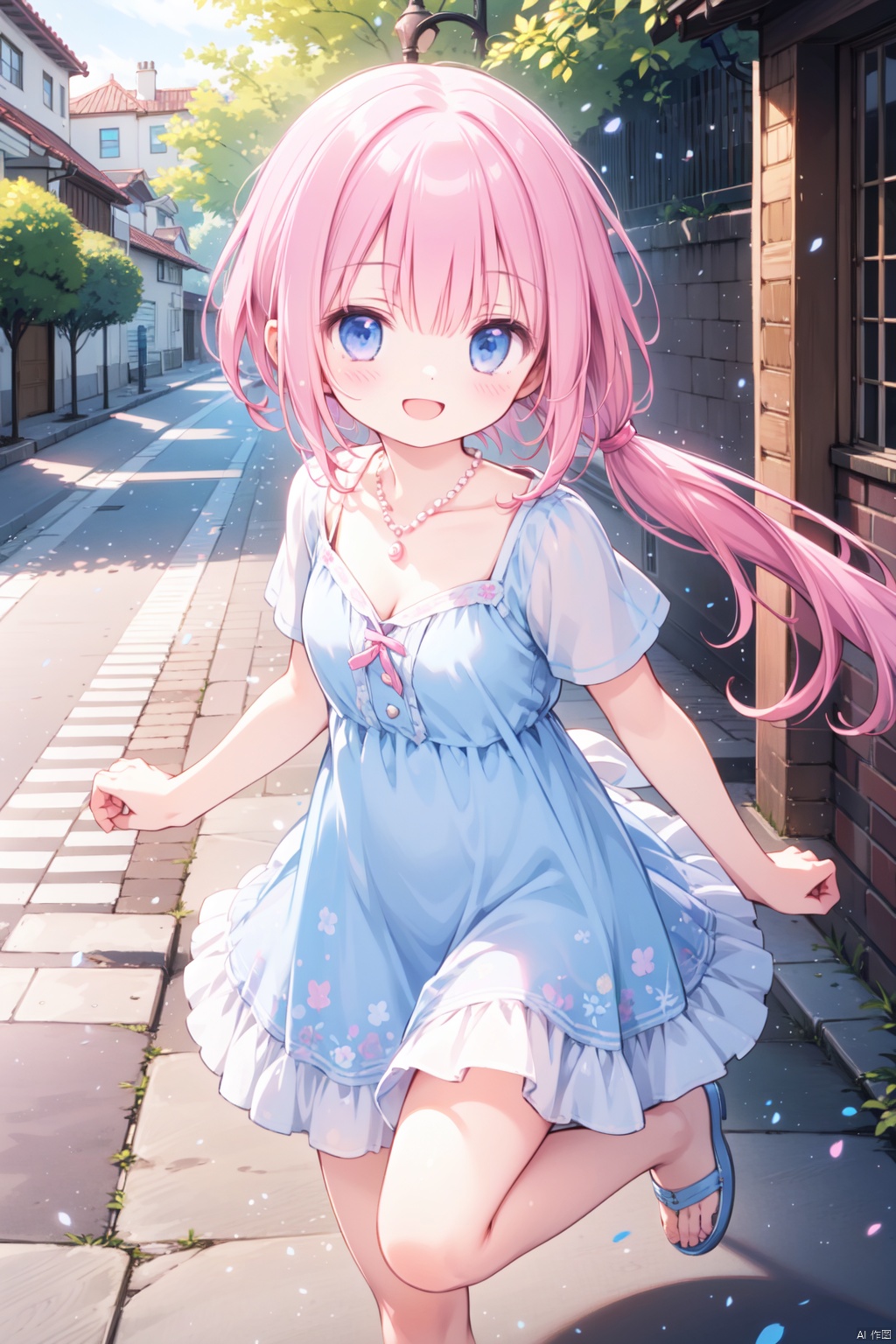  1girl,(pink_hair:1.1),crossed bangs,(low ponytail),blue eyes,collarbone,short sleeves,cleavage,purple dress,full body,open mouth,short ponytail,happy,pearl necklace,shine,smirk,jumping,illustration,outdoor,detailed eyes,perfect face,frill,