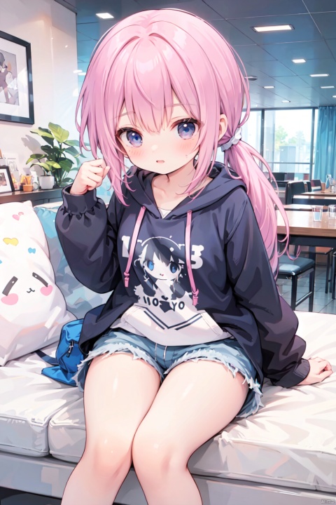 (low ponytail:1.1),pink_hair,crossed bangs,solo,shirt,shorts,coat,thigh,breast,seated,blue eyes,(hoodie),shigetoakiho,loli,