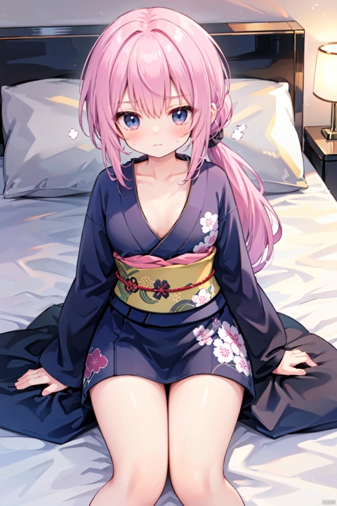 on bed,sleep.Lying,(low ponytail:1.1),pink_hair,crossed bangs,solo,annoyed,(black kimono),long sleeved,red printing,thigh,breast,Cleavage,collarbone,blue eyes,shigetoakiho,