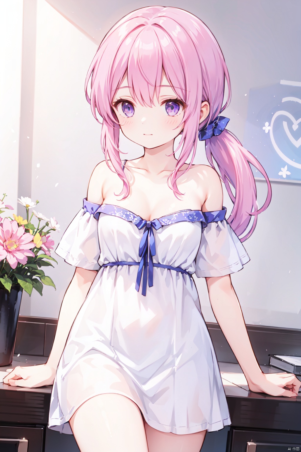 1girl,(pink_hair),crossed bangs,(low ponytail),blue eyes,collarbone,off-shoulder,bare shoulders,(strapless:1.1),short sleeves,cleavage,Hair tip,short white dress,cowboy_shot,thigh,flower,short ponytail,1girl low ponytail blue hair purple eyes