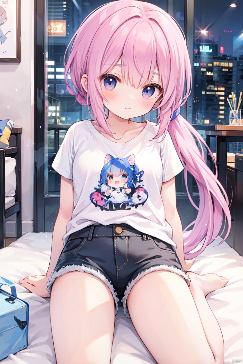 (low ponytail:1.1),pink_hair,crossed bangs,solo,shirt,shorts,thigh,breast,blue eyes,shigetoakiho,loli,