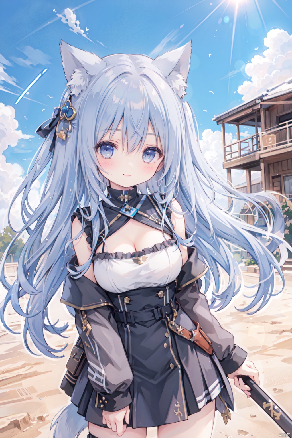 holding_katana,1girl, solo, smile,blue hair,cute,grey eyes,sandstorm,off shoulder,clavicle,(Military uniform),big breasts,thigh,desert,Cleavage,animal_ears,The cracked earth,