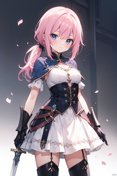 1girl,(pink_hair),crossed bangs,(low ponytail),blue eyes,gothic_lolita,white skirt,gauntlets,one-hand-hilt,hand on hilt,holding sword,planted sword,standing,medieval,
fantasy,thigh,boots,medium breast,cowboy_shot,shigetoakiho,