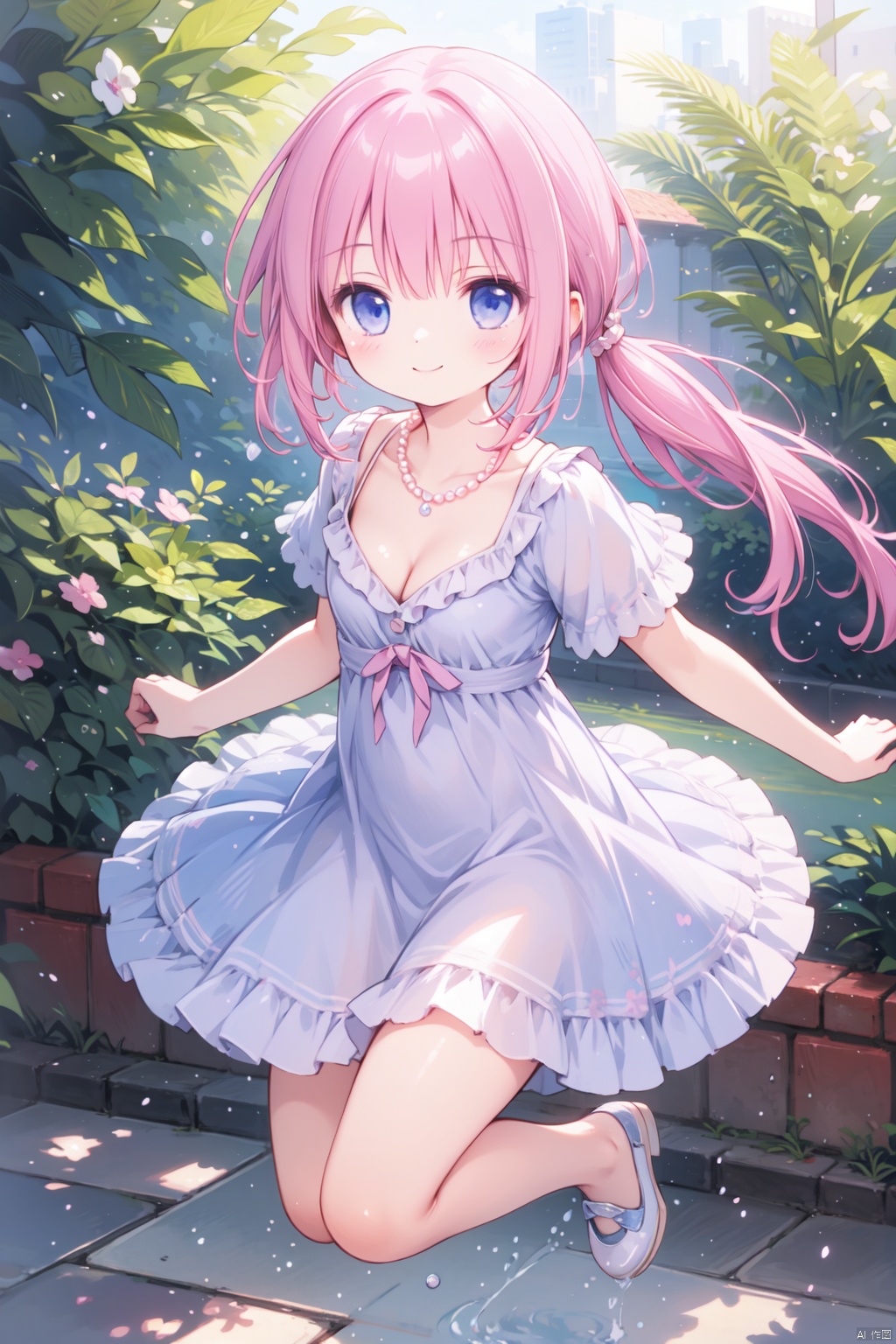  1girl,(pink_hair:1.1),crossed bangs,(low ponytail),blue eyes,collarbone,short sleeves,cleavage,purple dress,full body,thigh,short ponytail,smile,pearl necklace,shine,jumping,illustration,outdoor,detailed eyes,perfect face,frill,