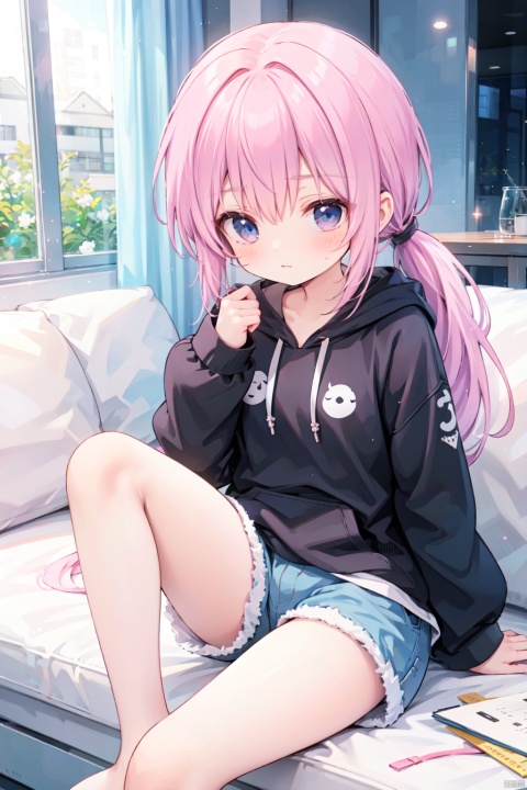 (low ponytail:1.1),pink_hair,crossed bangs,solo,shirt,shorts,thigh,breast,seated,blue eyes,(hoodie),shigetoakiho,loli,