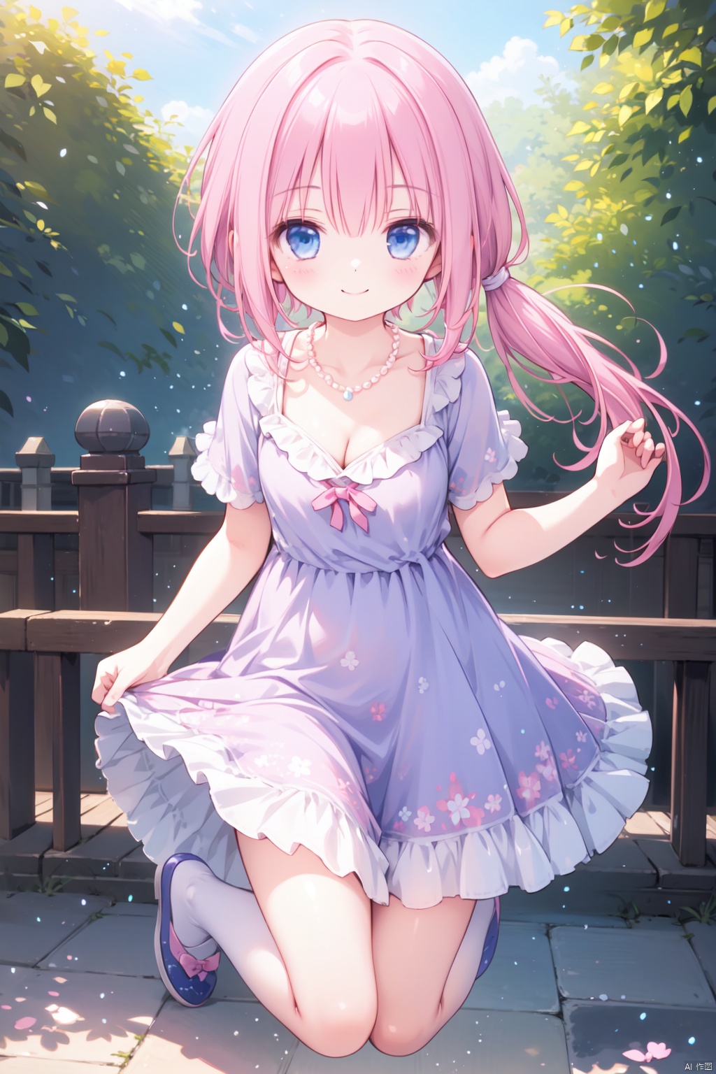  1girl,(pink_hair:1.1),crossed bangs,(low ponytail),blue eyes,collarbone,short sleeves,cleavage,purple dress,full body,thigh,short ponytail,smile,happy,pearl necklace,shine,naughty smile,jumping,illustration,outdoor,detailed eyes,perfect face,frill,mouth_open 