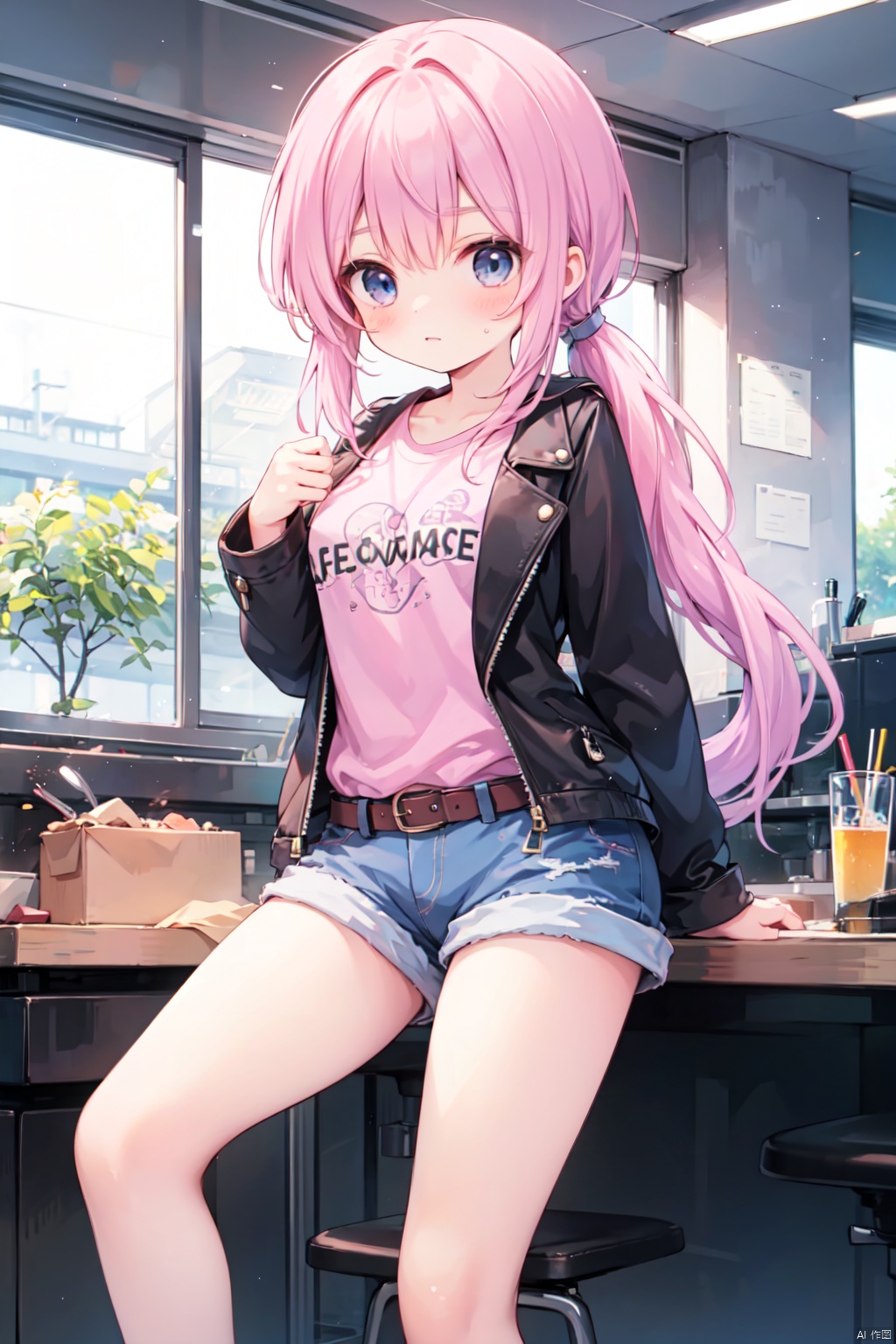 (low ponytail:1.1),pink_hair,crossed bangs,solo,Steampunk,shirt,shorts,(leather_clothes),thigh,breast,blue eyes,shigetoakiho,loli,