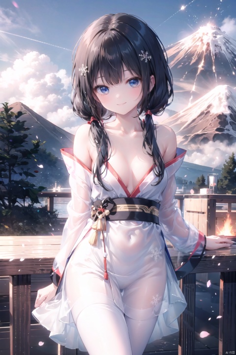  bare shoulders,1girl,black medium hair,(low twintails:1.2),medium breast,White pantyhose,blue eye,smile,collarbone,(black hanfu:1.1),Cleavage,White Stockings,Snowflake pattern,(volcano),outdoor,withered tree,sky,NFSW,nude,r18,