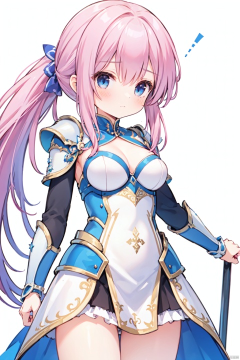 1girl,low ponytail,(pink_hair),crossed bangs,white armour,armour dress,looking down,medium breast,Silver armor,Cleavage,thigh,cowboy_shot,girl,blue eyes,shigetoakiho,