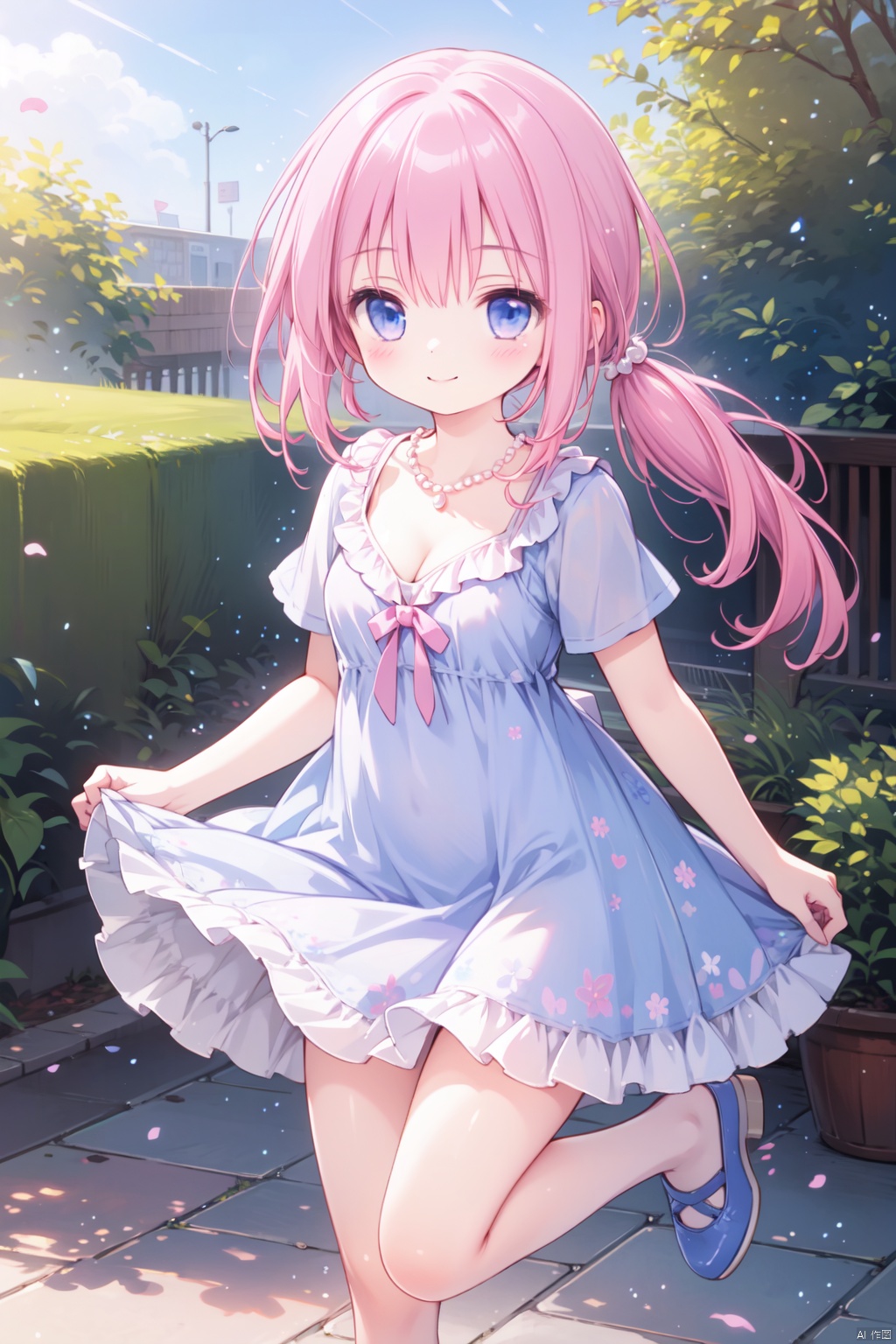  1girl,(pink_hair:1.1),crossed bangs,(low ponytail),blue eyes,collarbone,short sleeves,cleavage,purple dress,full body,thigh,short ponytail,smile,happy,pearl necklace,shine,naughty smile,jumping,illustration,outdoor,detailed eyes,perfect face,frill,mouth_open 