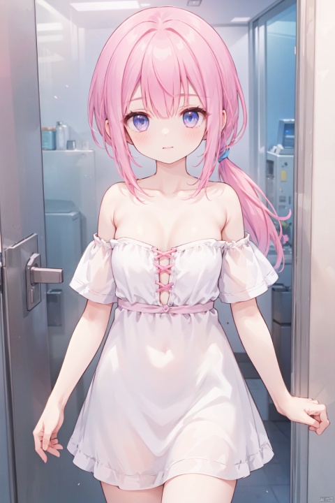  1girl,(pink_hair),crossed bangs,(low ponytail),blue eyes,collarbone,off-shoulder,bare shoulders,(strapless:1.1),short sleeves,tiny_breasts,cleavage,Hair tip,short white dress,cowboy_shot,thigh,flower,