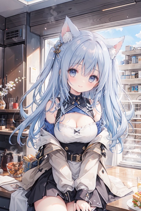 holding_katana,1girl, solo, smile,blue hair,cute,grey eyes,sandstorm,off shoulder,clavicle,(Military uniform),big breasts,thigh,desert,Cleavage,animal_ears,The cracked earth,Escarpment,