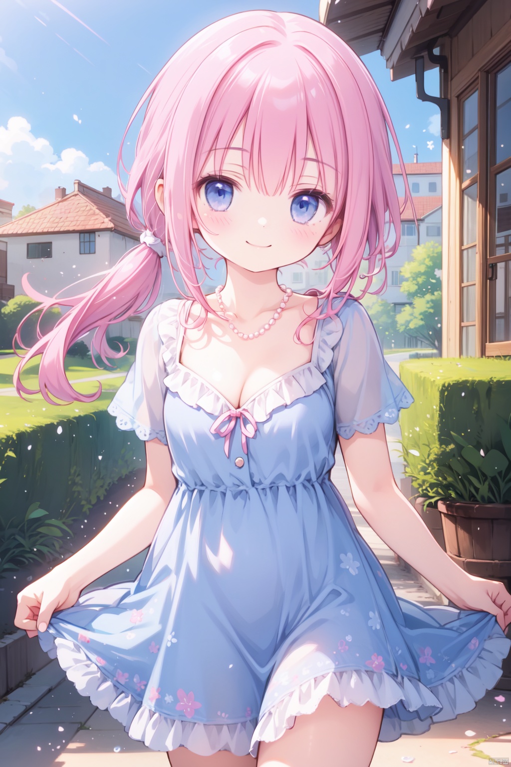  1girl,(pink_hair:1.1),crossed bangs,(low ponytail),blue eyes,collarbone,short sleeves,cleavage,purple dress,cowboy_shot,thigh,short ponytail,smile,pearl necklace,shine,jumping,illustration,outdoor,detailed eyes,perfect face,frill,