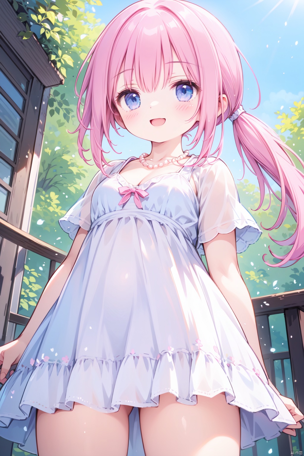  1girl,(pink_hair:1.1),crossed bangs,(low ponytail),blue eyes,collarbone,short sleeves,cleavage,purple dress,open mouth,short ponytail,happy,pearl necklace,shine,smirk,illustration,outdoor,detailed eyes,perfect face,frill,from below,cowboy_shot,thigh,