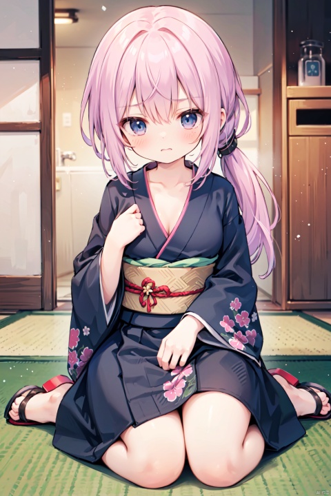 geta,(low ponytail:1.1),pink_hair,crossed bangs,solo,annoyed,(black kimono),long sleeved,red printing,thigh,breast,Cleavage,collarbone,blue eyes,shigetoakiho,loli,