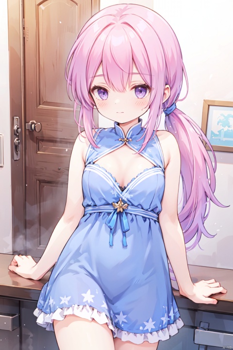  1girl,(pink_hair),crossed bangs,(low ponytail),blue eyes,cleavage,Hair tip,purple dress,cowboy_shot,thigh,short ponytail,shigetoakiho