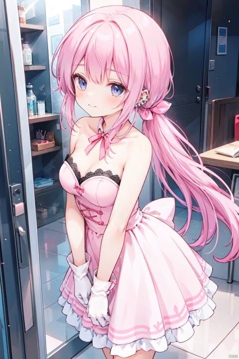 1girl,low ponytail,(pink_hair:1.2),crossed bangs, strapless dress, gloves, bare shoulders, closed mouth, white gloves, strapless, ear piercing, frills, white dress, pink dress, breasts, red ribbon, very long hair, earrings, white footwear, pink ribbon, piercing, frilled dress,
fantasy,medium breast,buster,cowboy_shot,blue eyes,shigetoakiho