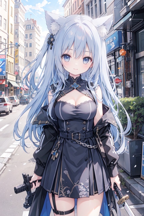  holding_weapon,holding_katana,1girl, solo, smile,blue hair,cute,grey eyes,city,off shoulder,clavicle,(Military uniform:1.3),big breasts,thigh,street,Cleavage,animal_ears,gothic architecture,girl, blue archive