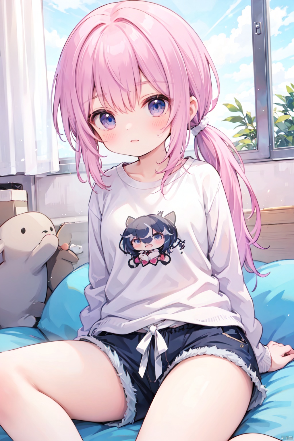 (low ponytail:1.1),pink_hair,crossed bangs,solo,shirt,shorts,thigh,breast,blue eyes,shigetoakiho,loli,