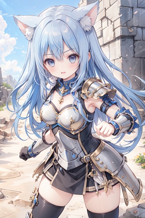  1girl,solo,blue hair,cute,grey eyes,sandstorm,(armor:1.3),big breasts,thigh,desert,animal_ears,The cracked earth,Escarpment,stone,village,action,fighting stance,aggressiveness,scowl,punch,black armor, 