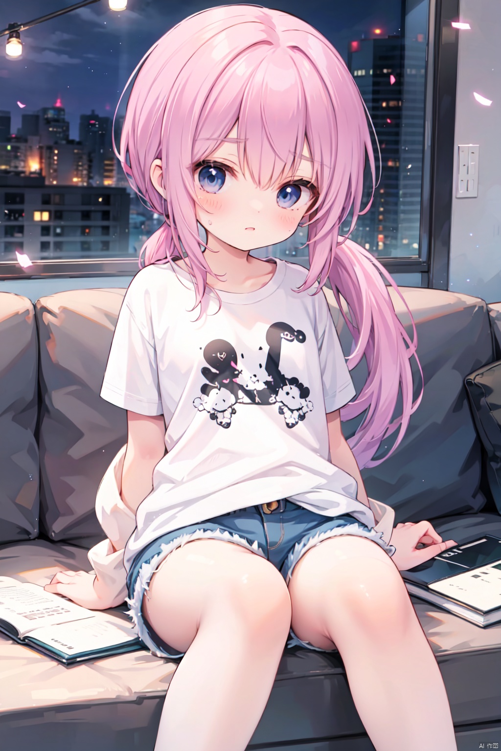 (low ponytail:1.1),pink_hair,crossed bangs,solo,shirt,shorts,thigh,breast,seated,blue eyes,shigetoakiho,loli,