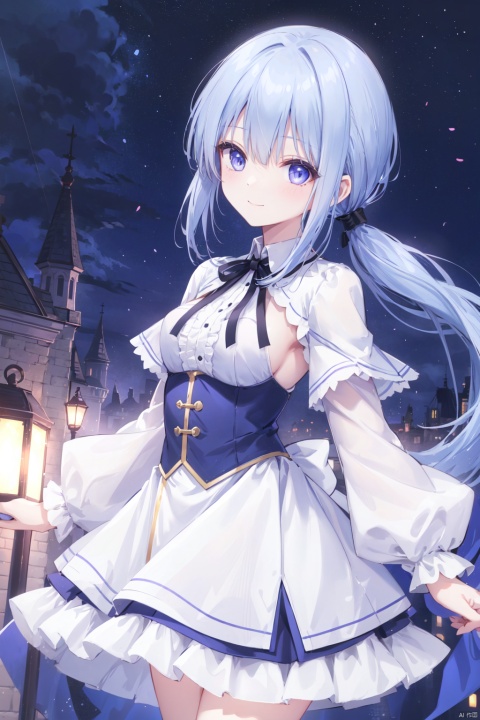  1girl,thin,white_hair,crossed bangs,long straight hair,(low ponytail),frilled white dress,saber,black bustier,blue cape,hairpin,smile,medium_breast,ribbon,castle,purple skirt,blue eyes,15-year age,night backgroung,outstretched arms, reaching out,[1girl low ponytail blue hair purple eyes]