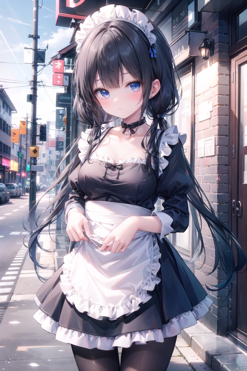 1girl,black long hair,(low twintails:1.2),medium breast,pantyhose,blue eye,collarbone,(maid),Stockings,(maid),outdoor,exposed,blush,