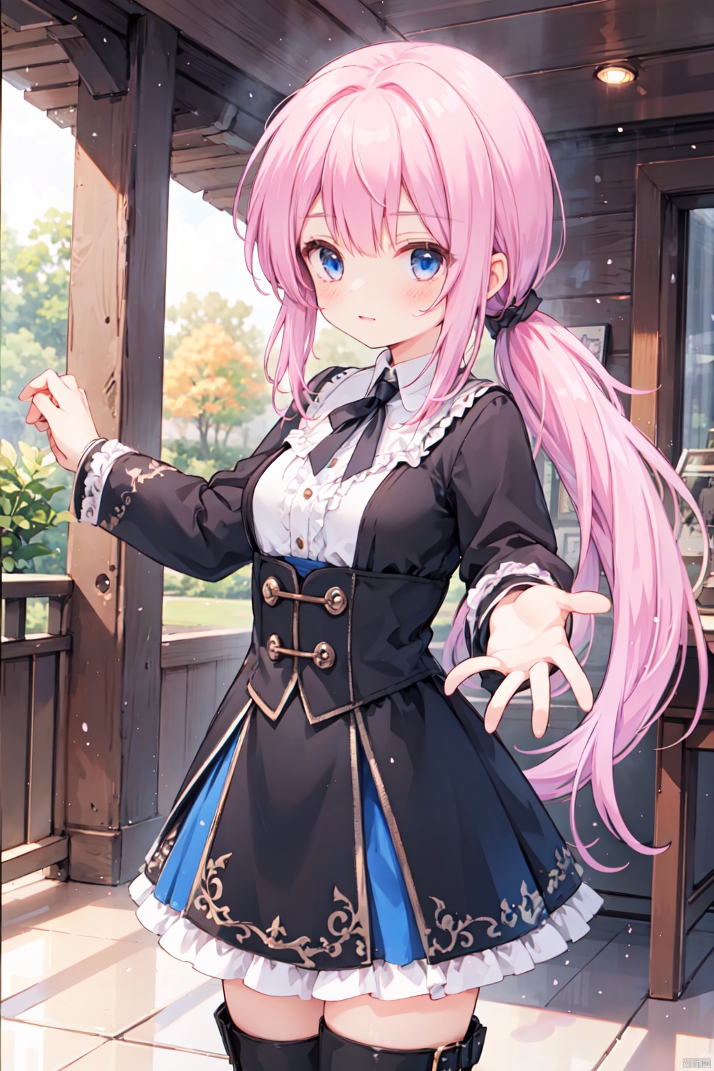 1girl,single,(pink_hair),crossed bangs,(low ponytail),blue eyes,gothic_lolita,white skirt,outstretched hand,medieval,
fantasy,thigh,boots,medium breast,buster,cowboy_shot,shigetoakiho,