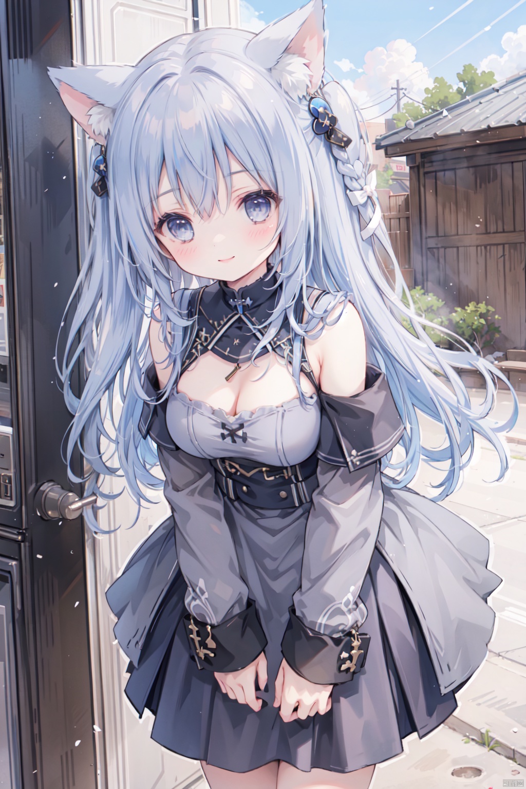holding_katana,1girl, solo, smile,blue hair,cute,grey eyes,sandstorm,off shoulder,clavicle,(Military uniform:1.3),big breasts,thigh,desert,Cleavage,animal_ears,gothic architecture,