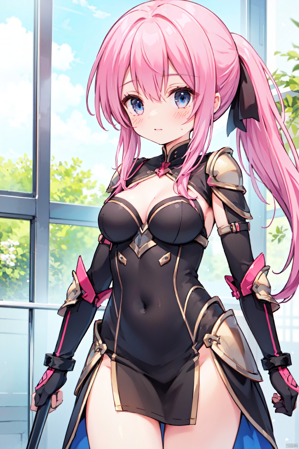 1girl,low ponytail,(pink_hair),crossed bangs,black armour,armour dress,looking down,medium breast,red armor,Cleavage,thigh,cowboy_shot,girl,blue eyes,shigetoakiho,