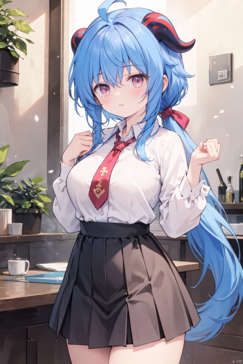  horns,(collared shirt),(low ponytail),1girl, solo,(very long hair),white and blue hair,pink eyes,Hair tip,(tie),cowboy_shot,thigh,(frilled shirt:1.1),black skirt,(thigh),bare thigh,large_breasts,Neck,plant,company,chair,ganyu,ahoge,hand up,