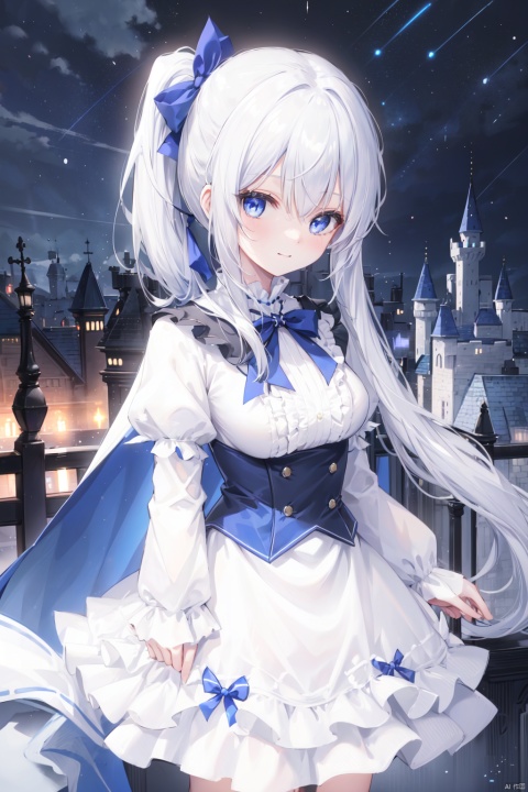1girl,thin,blue cape,white_hair,long straight hair,crossed bangs,(side ponytail),frilled white dress,sabre,black bustier,hairpin,smile,medium_breast,blue eyes,ribbon,castle,black skirt,loil,15-year age,night backgroung