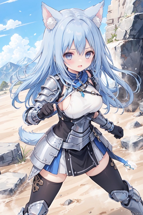  1girl,solo,blue hair,cute,grey eyes,sandstorm,(armor:1.3),big breasts,thigh,desert,animal_ears,The cracked earth,Escarpment,stone,village,action,fighting stance,aggressiveness,scowl,punch,black armor,