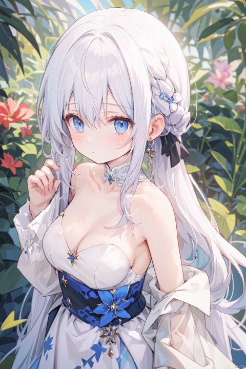  (low ponytail),1girl, solo,very long hair,white hair,blue eyes,collarbone,off-shoulder,bare shoulders,(strapless:1.1),short sleeves,tiny_breasts,cleavage,Hair tip,short dress,cowboy_shot,thigh,flower,
