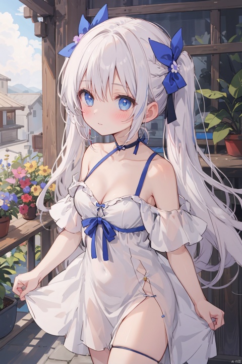  1girl, solo,neck,nape,long hair,white hair,blue eyes,collarbone,off-shoulder,bare shoulders,hair_ribbons, short sleeves,tiny_breasts,cleavage,Hair tip,short dress,pigtails,cowboy_shot,thigh,flower,