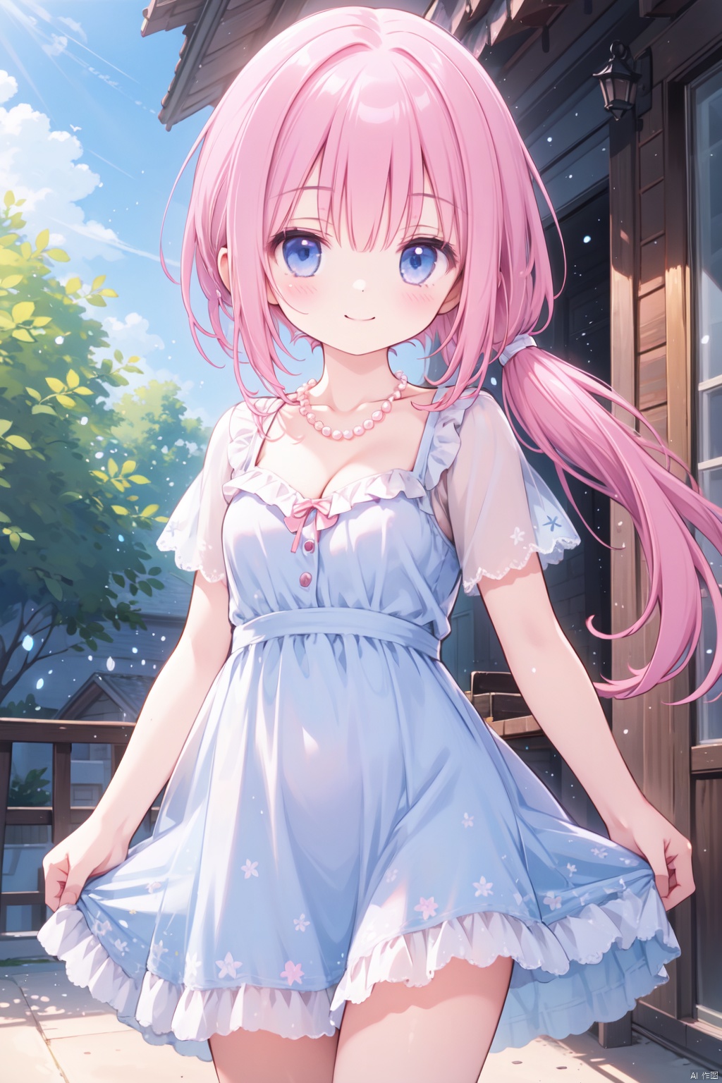  1girl,(pink_hair:1.1),crossed bangs,(low ponytail),blue eyes,collarbone,short sleeves,cleavage,purple dress,cowboy_shot,thigh,short ponytail,smile,pearl necklace,shine,jumping,illustration,outdoor,detailed eyes,perfect face,frill,