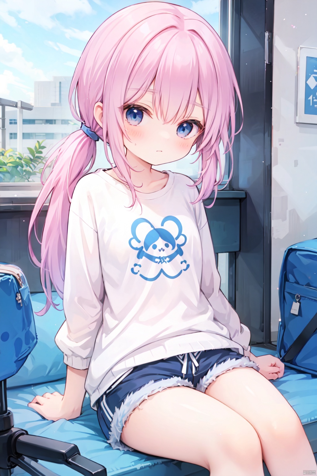 (low ponytail:1.1),pink_hair,crossed bangs,solo,shirt,shorts,thigh,breast,seated,blue eyes,shigetoakiho,loli,