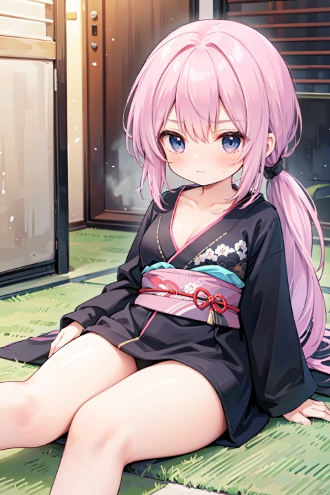 under,(low ponytail:1.1),pink_hair,crossed bangs,solo,annoyed,(black kimono),long sleeved,red printing,thigh,breast,Cleavage,collarbone,blue eyes,shigetoakiho,loli,geta,