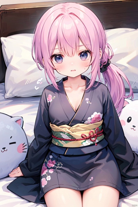 on bed,sleep.Lying,(low ponytail:1.1),pink_hair,crossed bangs,solo,annoyed,(black kimono),long sleeved,red printing,thigh,breast,Cleavage,collarbone,blue eyes,shigetoakiho,