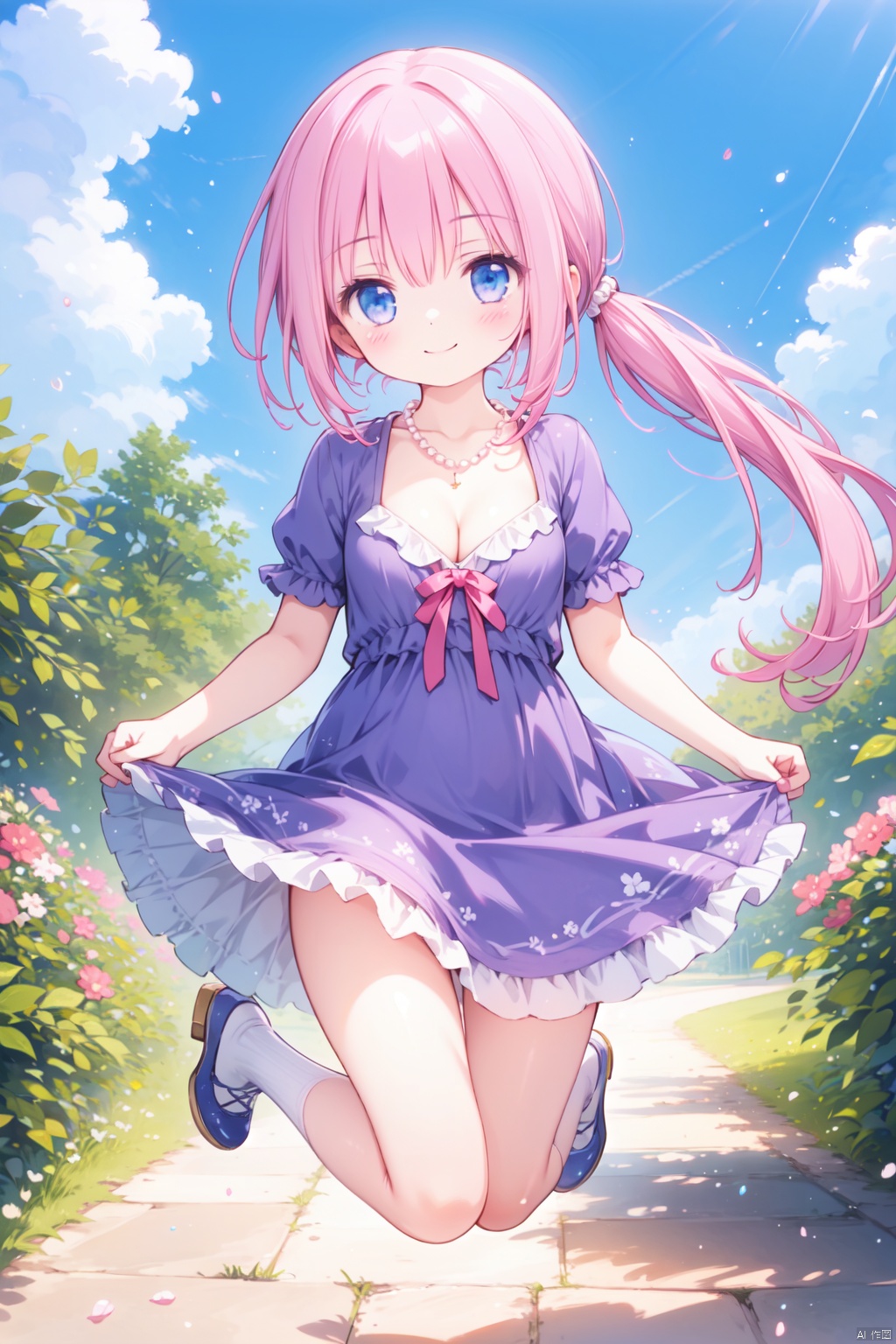  1girl,(pink_hair:1.1),crossed bangs,(low ponytail),blue eyes,collarbone,short sleeves,cleavage,purple dress,full body,thigh,short ponytail,smile,happy,pearl necklace,shine,naughty smile,jumping,illustration,outdoor,detailed eyes,perfect face,frill,