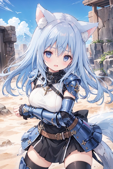  1girl,solo,blue hair,cute,grey eyes,sandstorm,(armor:1.3),big breasts,thigh,desert,animal_ears,The cracked earth,Escarpment,stone,village,action,fighting stance,aggressiveness,scowl,punch,black armor,