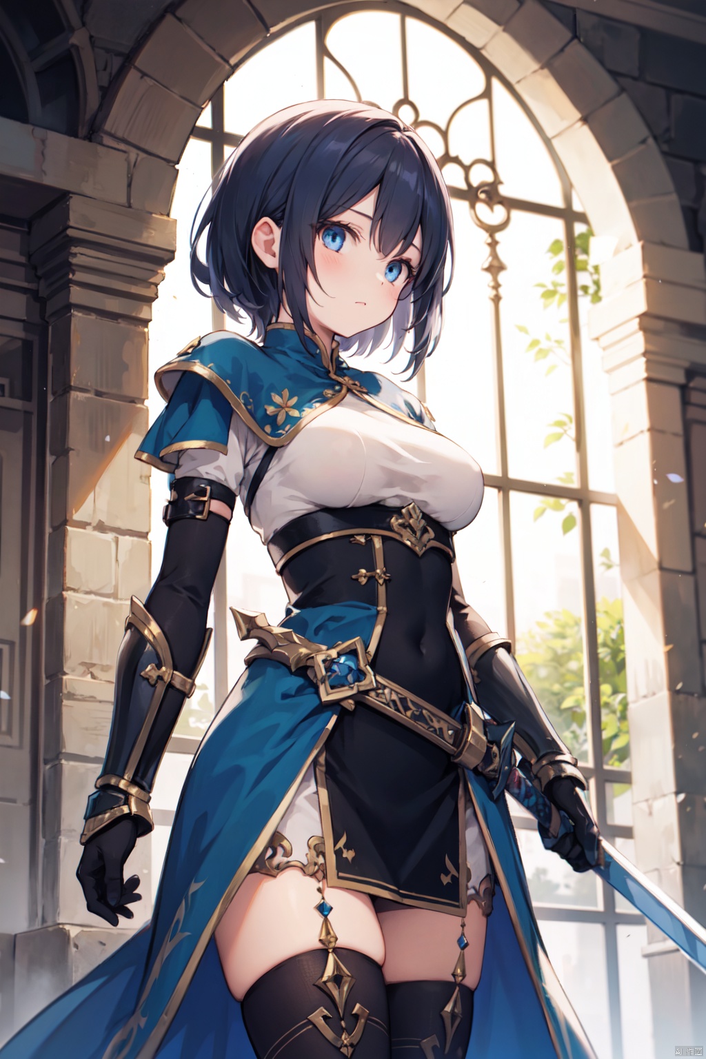 1girl,blue eyes,gauntlets,both-hand-hilt, hands on hilt, planted sword,standing,medieval,
fantasy,medium breast,cowboy_shot,