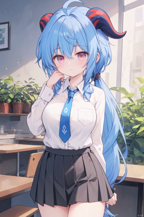  horns,(collared shirt),(low ponytail),1girl, solo,(very long hair),white and blue hair,pink eyes,Hair tip,(tie),cowboy_shot,thigh,(frilled shirt:1.1),black skirt,(thigh),bare thigh,large_breasts,Neck,plant,company,chair,ganyu,ahoge,hand up,